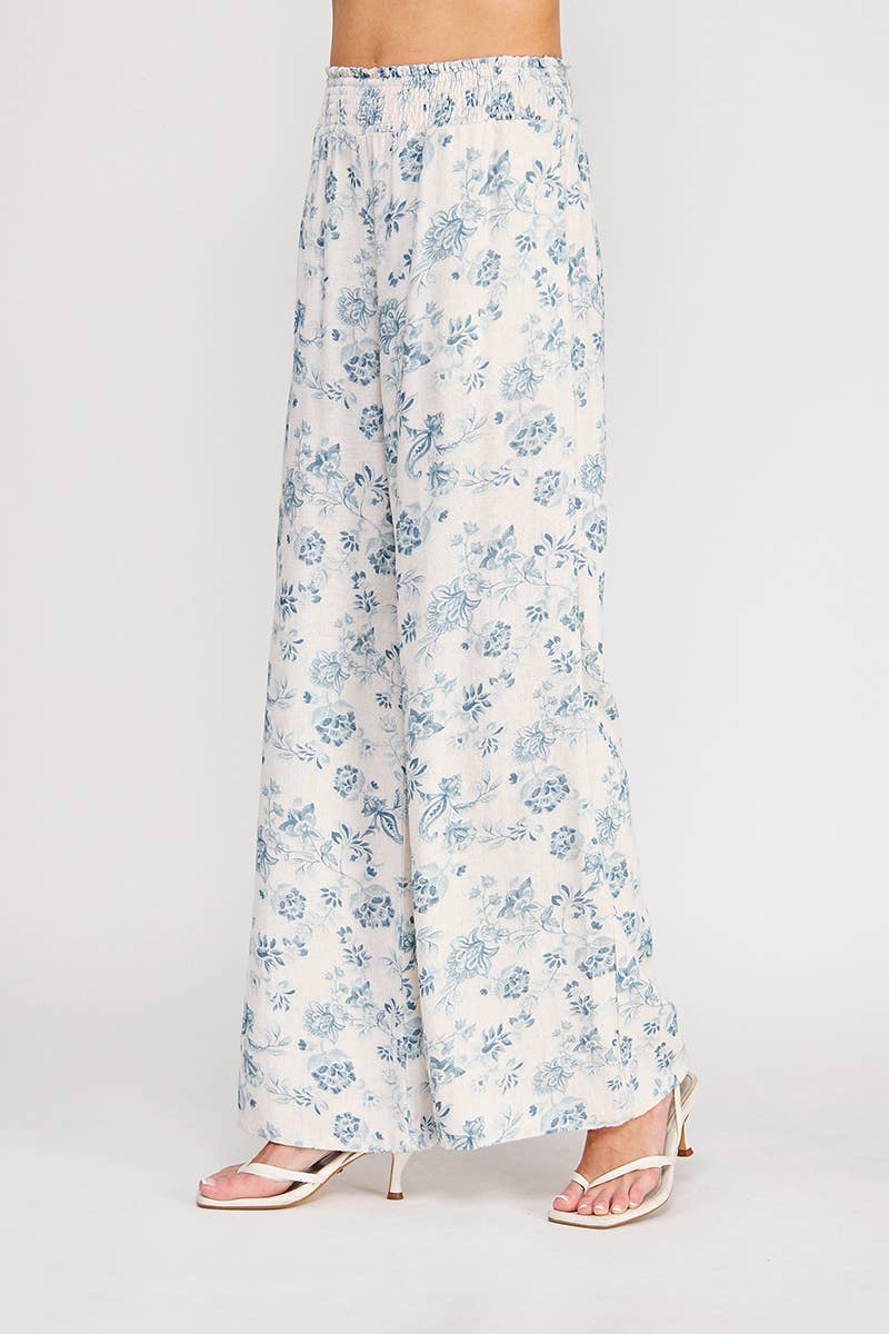 Blue Smocked Wide Leg Pant