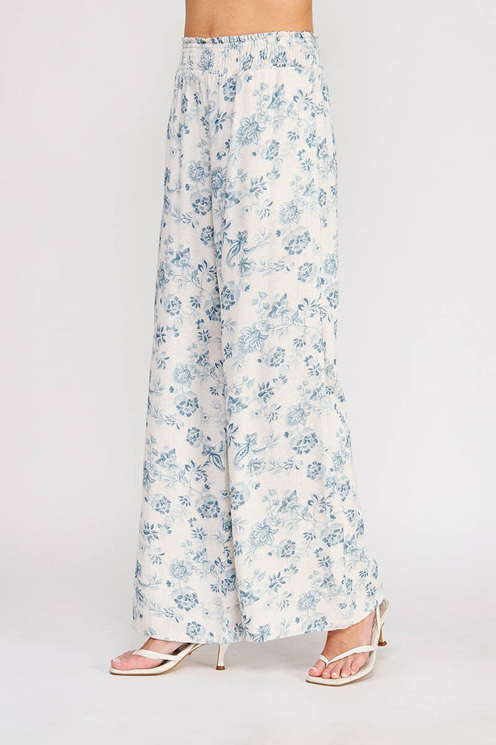 Blue Smocked Wide Leg Pant