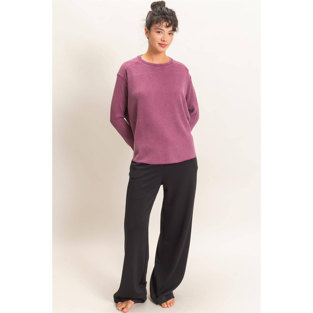 Dark Cherry Mineral Washed Waffle Knit Top
