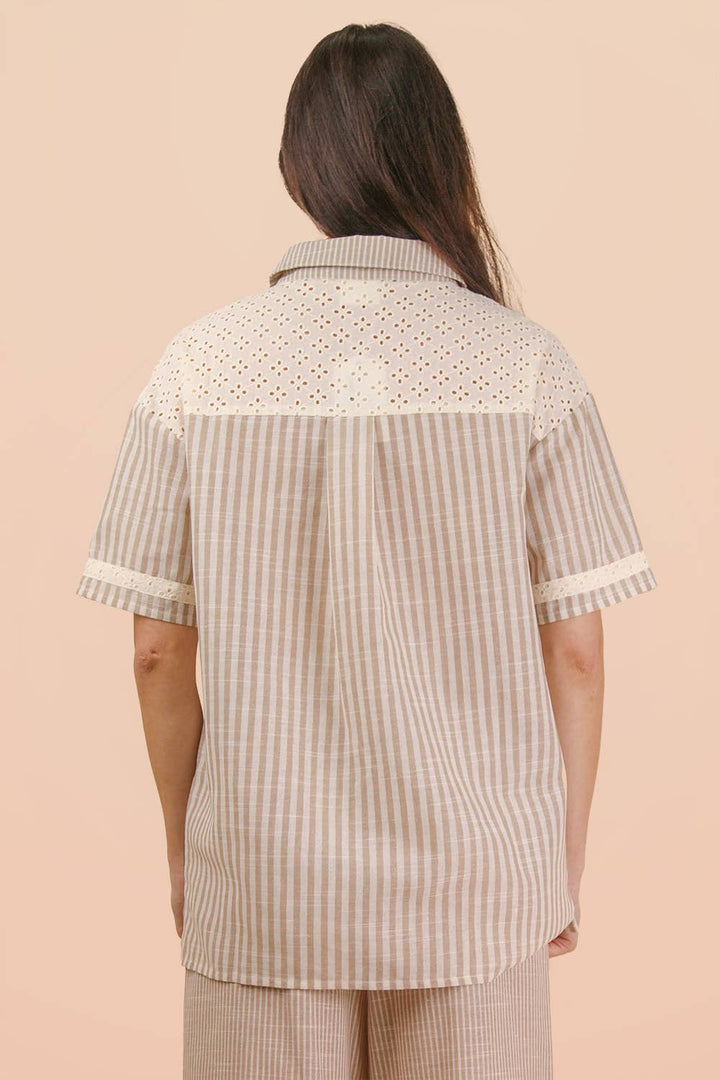 Taupe Lace Contrast Stripe Shirt