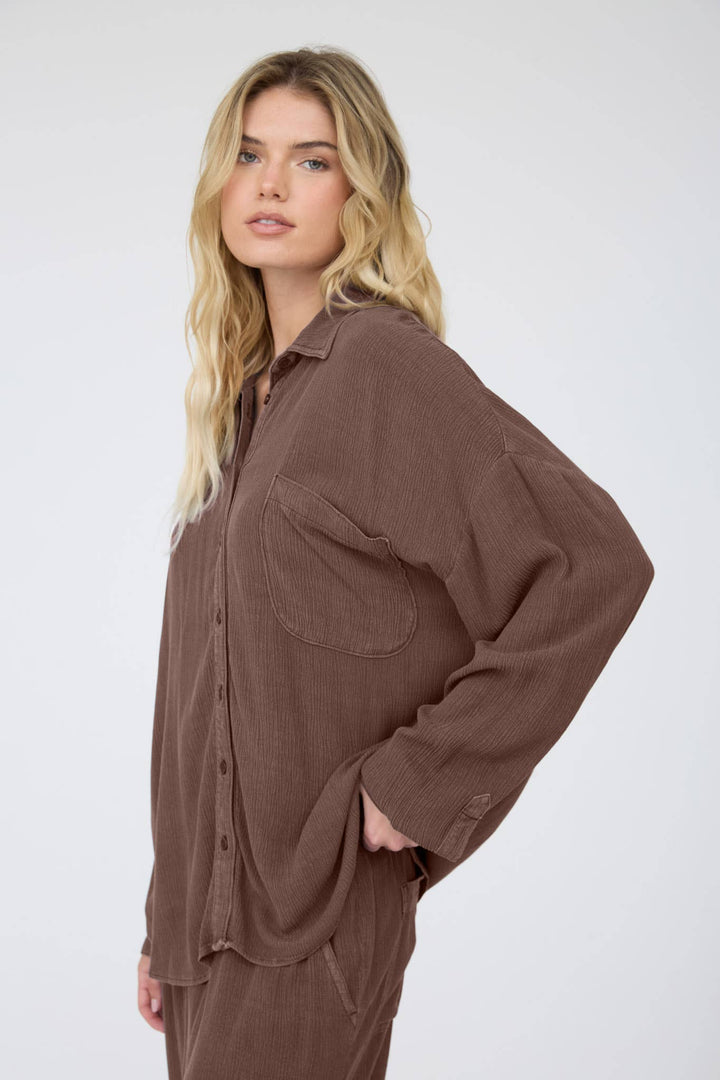Mocha Crinkle Button Down Blouse