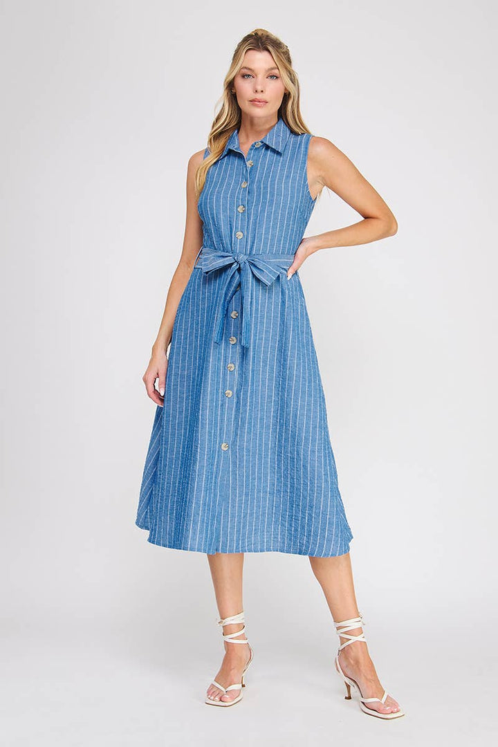 Royal Blue Striped Button Down Midi Dress