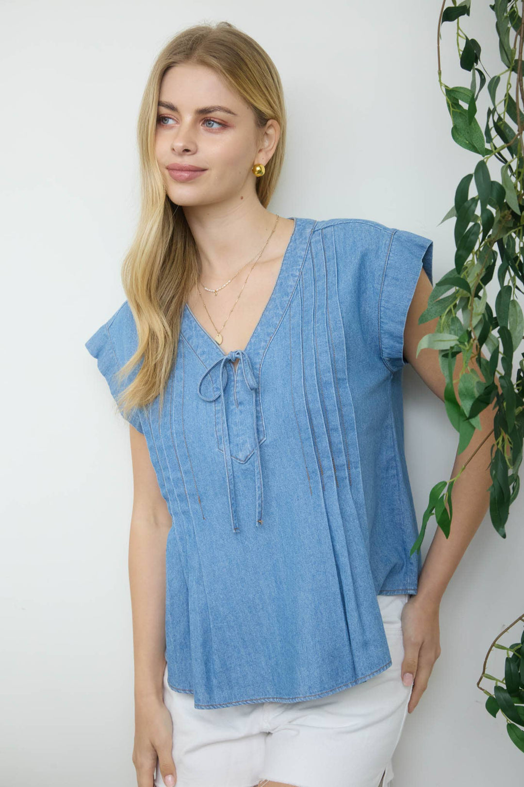 Chambray Front Tie Pintuck Top