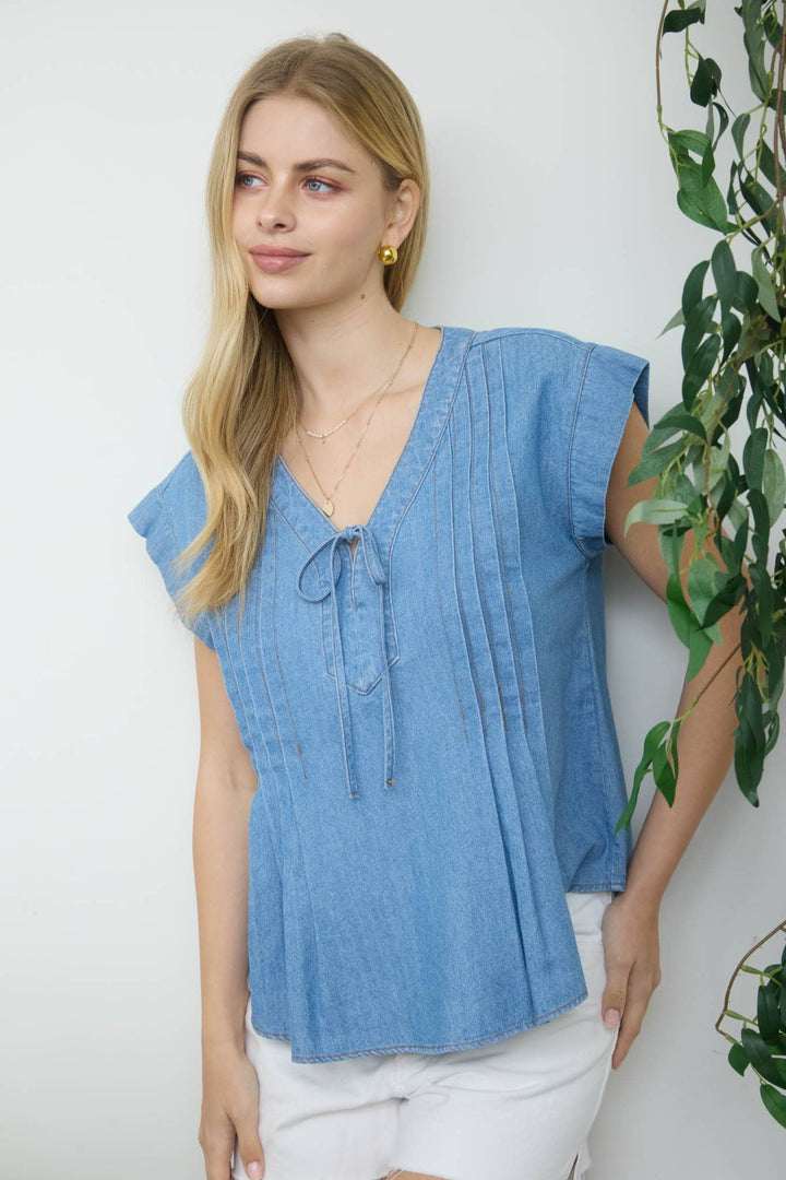 Chambray Front Tie Pintuck Top