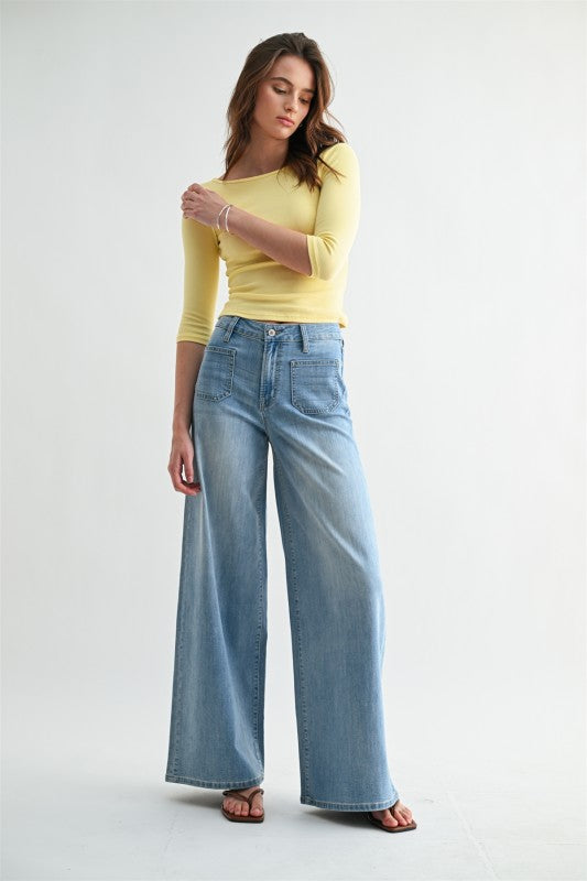High Rise Wide Leg Patch Pocket Jeans
