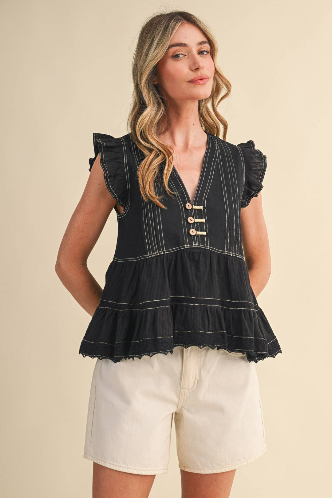 Black Stitch Lace Trim Top