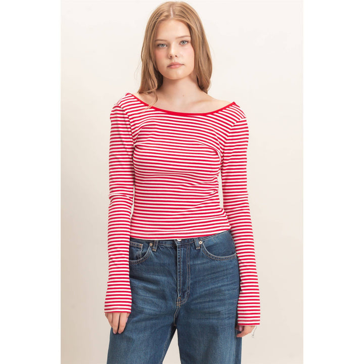 Red Striped Boat Neck Top