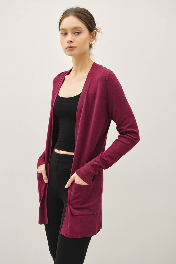 Dark Wine Open Front Cardigan