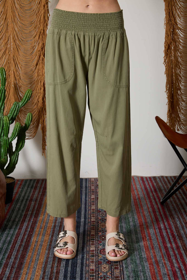 Olive Smocked Waist Wide Leg Pants