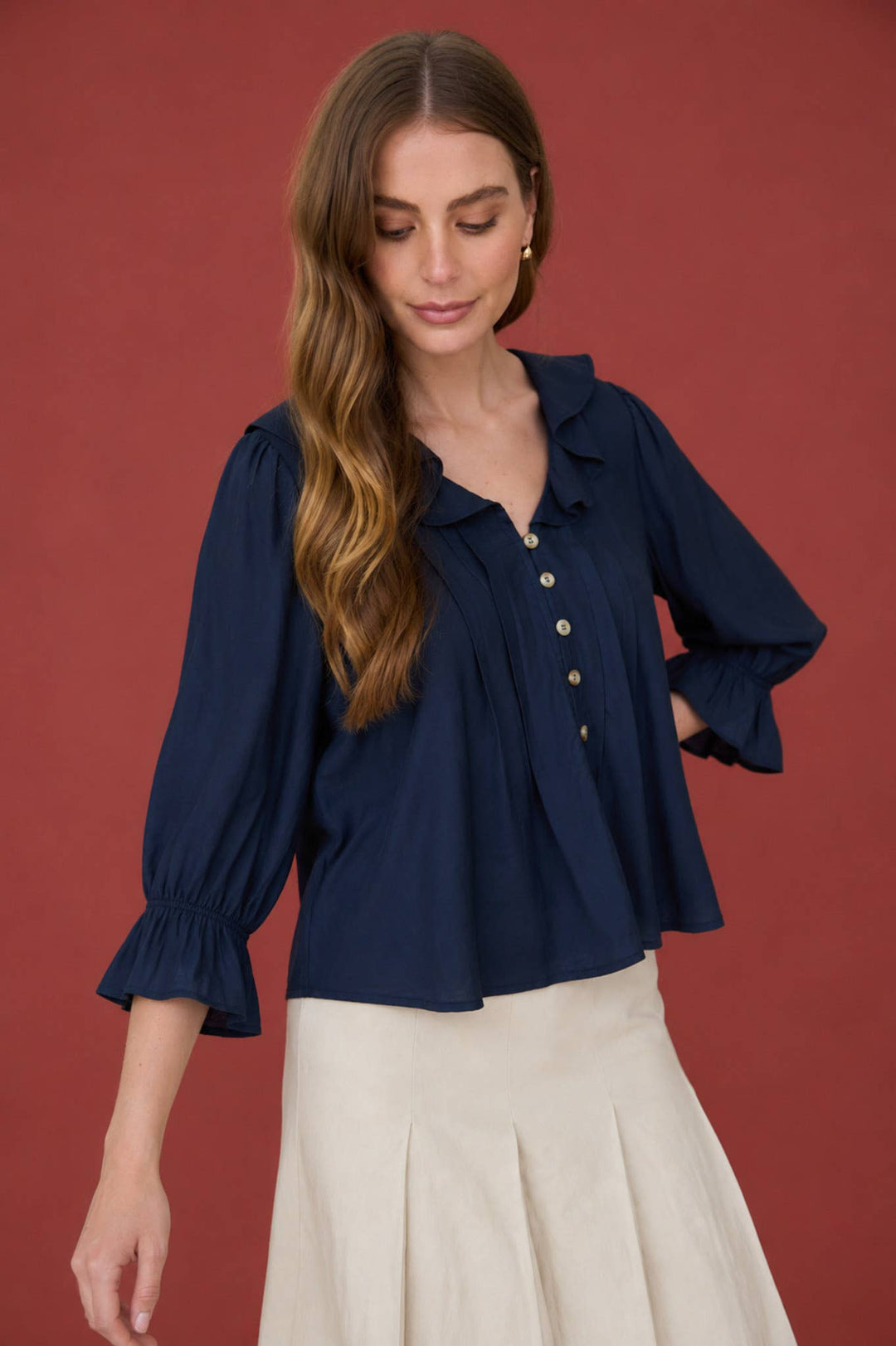 Navy Ruffled Button Down Blouse