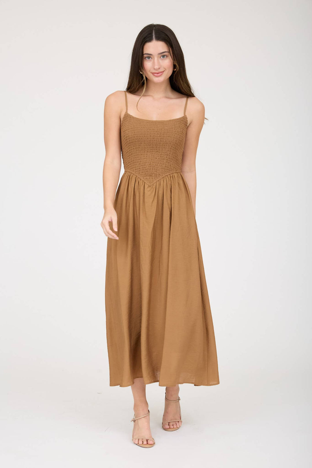 brown smocked midi dress Womens Brown Ruffle Midi Dress