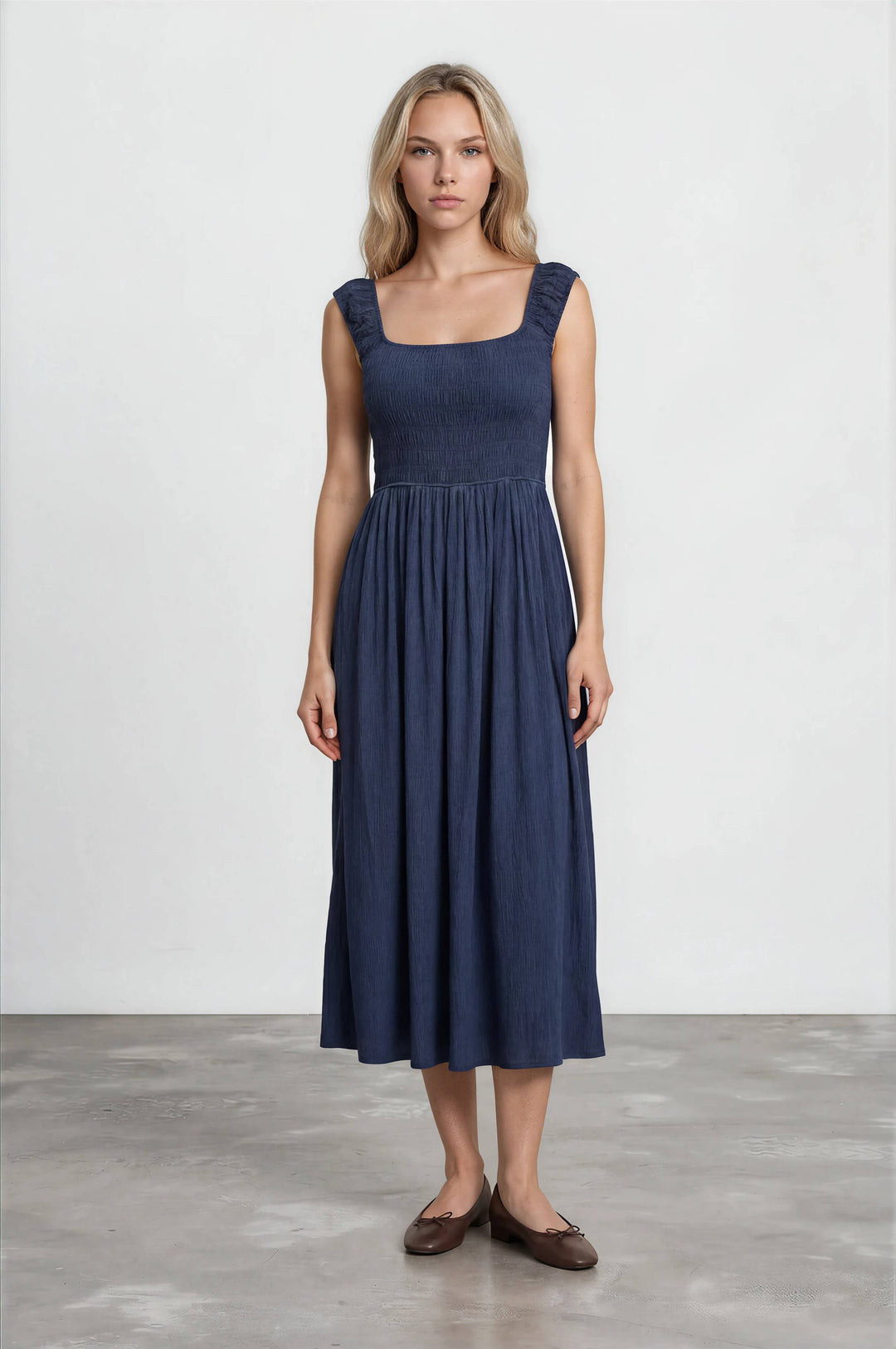 Dark Denim Smocked Midi Dress