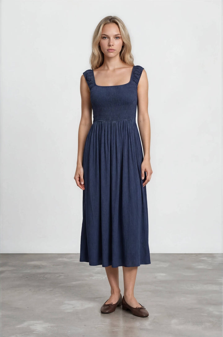 Dark Denim Smocked Midi Dress