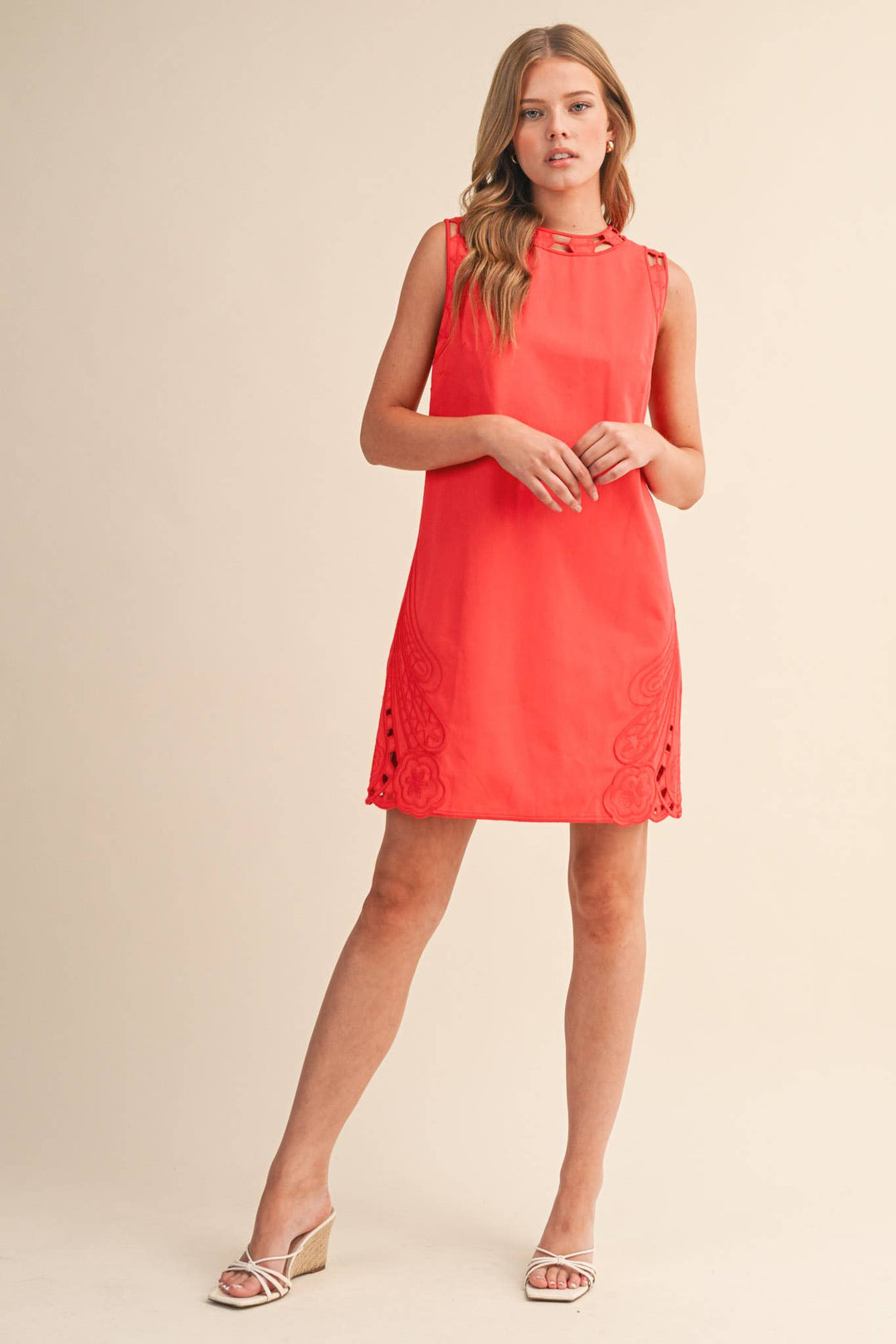 Red Embroidered Shift Dress