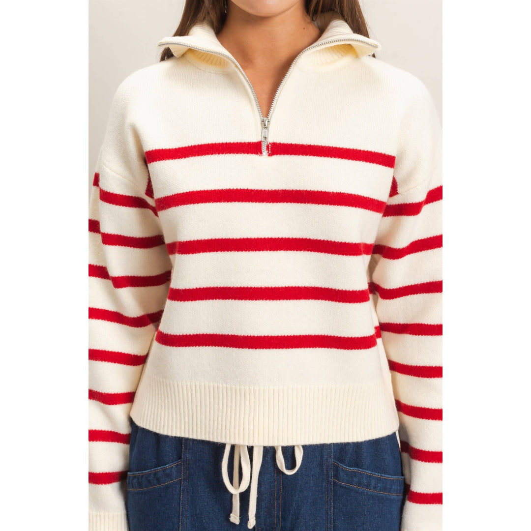 Red Stripe Half-Zip Collared Sweater