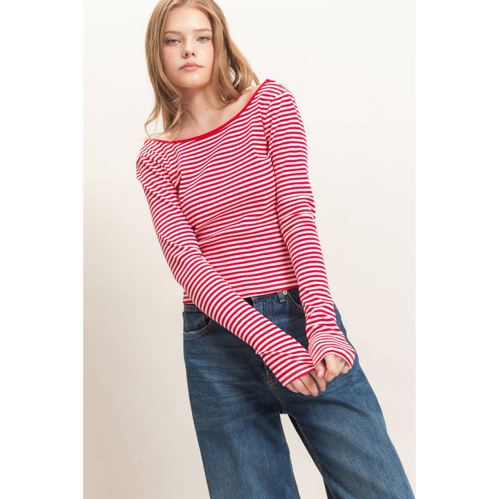 Red Striped Boat Neck Top