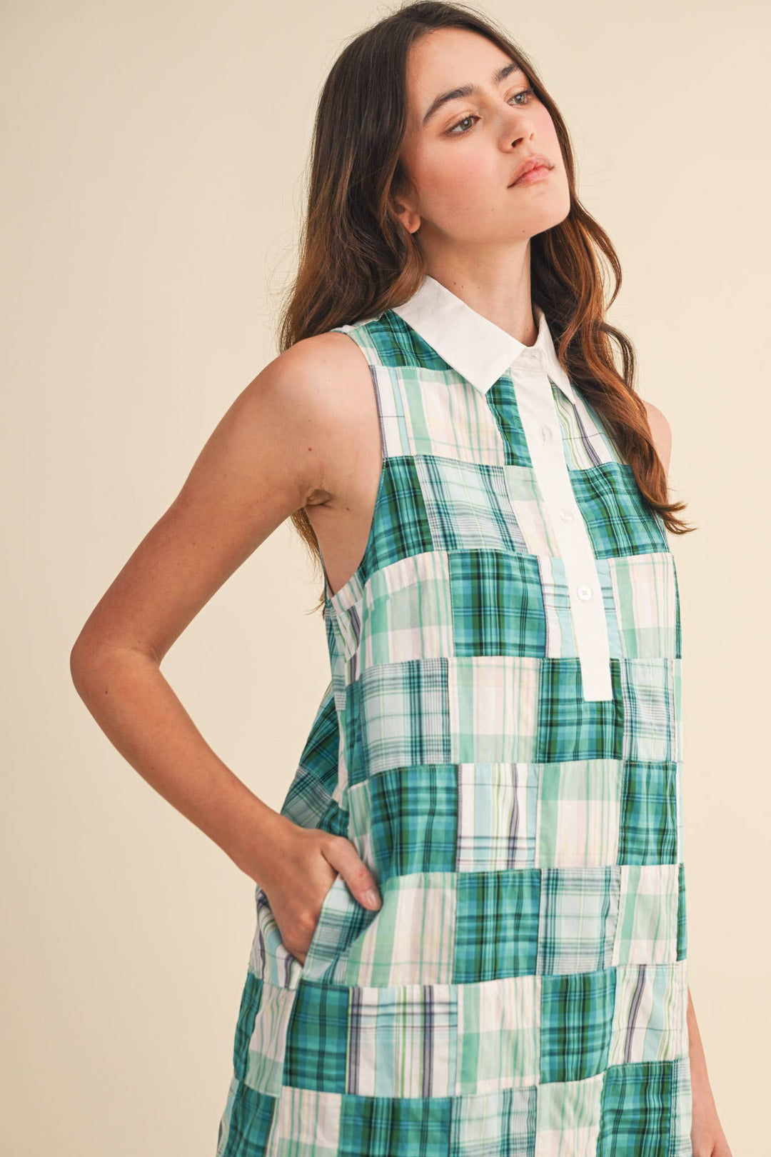 Teal Plaid Patchwork Mini Dress