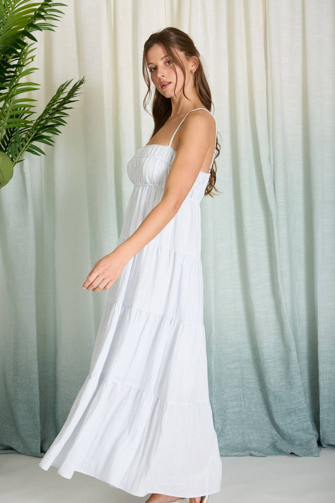 Denim Stripe Tiered Midi Dress