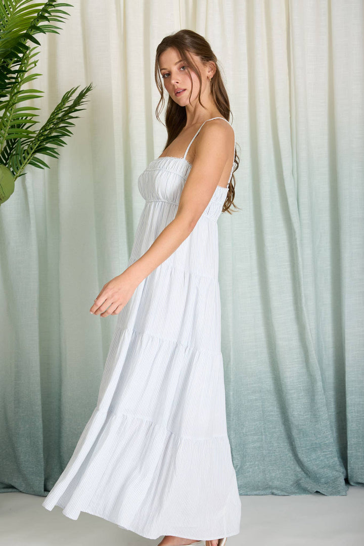 Denim Stripe Tiered Midi Dress