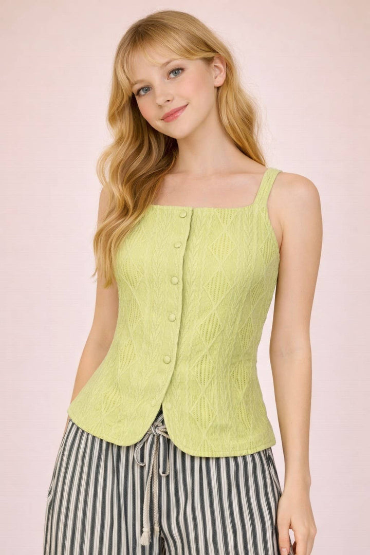 Melon Textured Sleeveless Button Down Top
