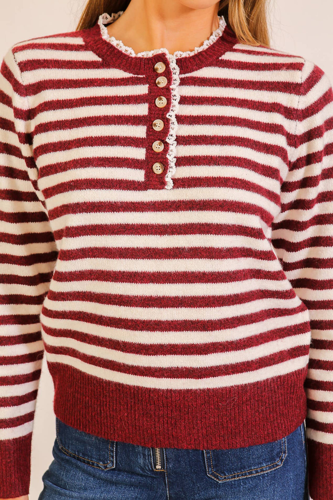 Burgundy Stripe Henley Knit Sweater