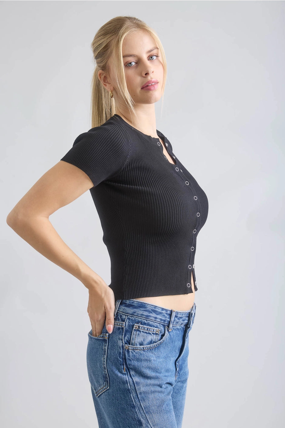 Black Snap Button Short Sleeve Cardigan