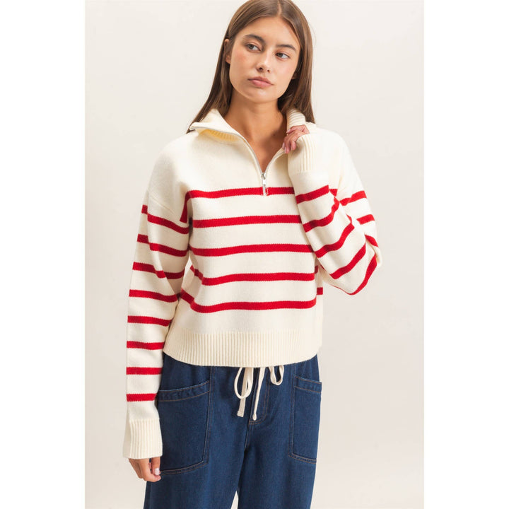 Red Stripe Half-Zip Collared Sweater