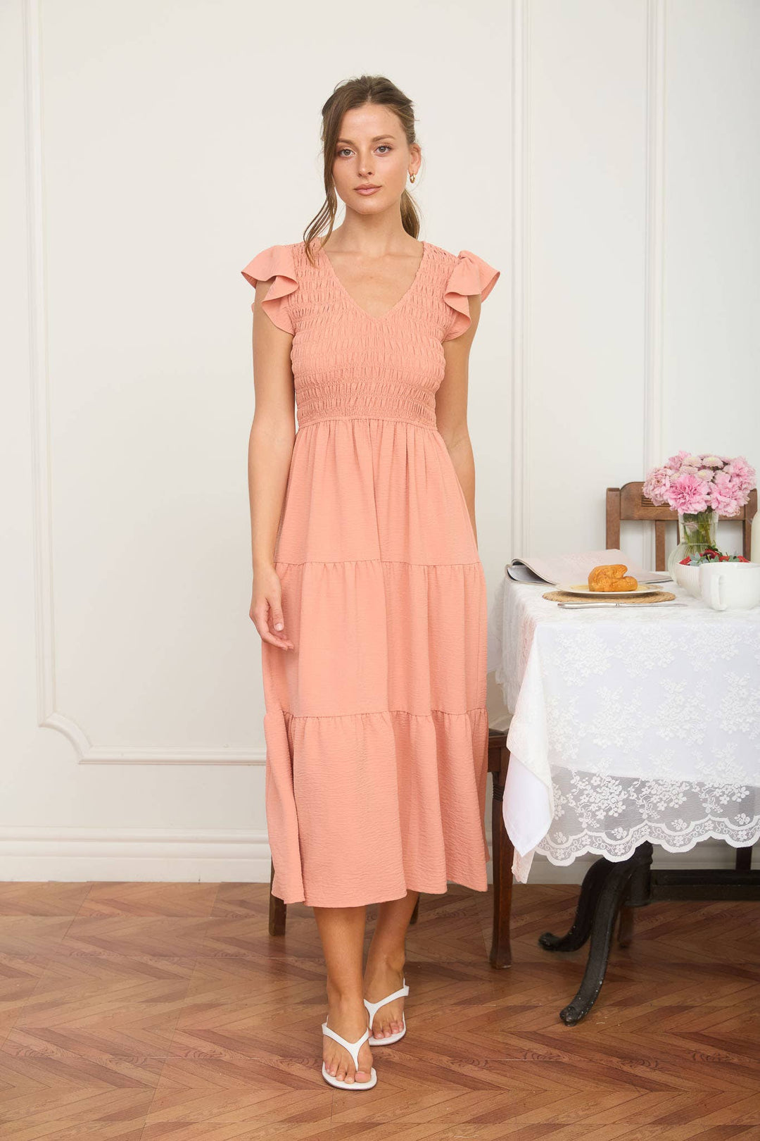 Peach Flutter Sleeve Smocked Midi Dress