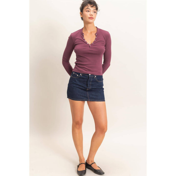 Dark Cherry Long Sleeve Henley Top