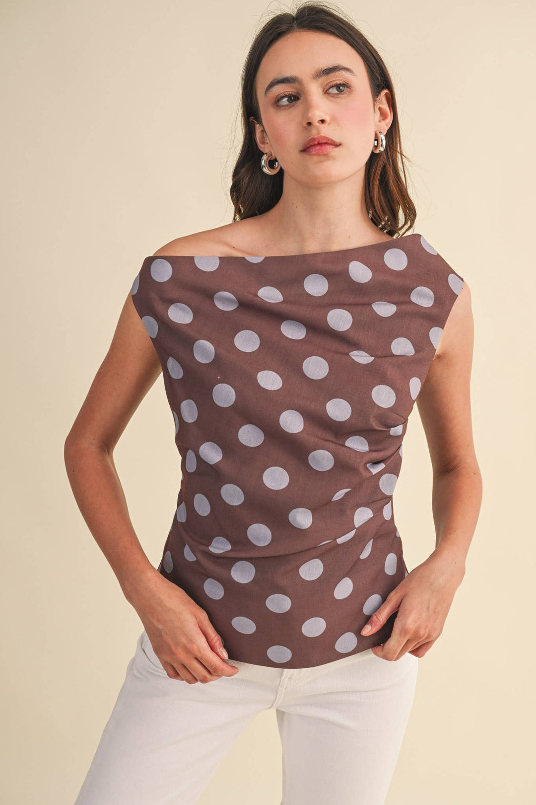 Brown Polka Dot Off Shoulder Top