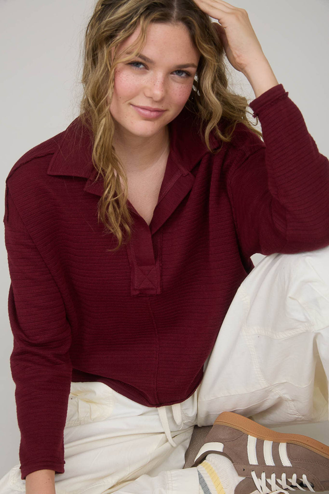 Oxblood Exposed Seam Polo Top