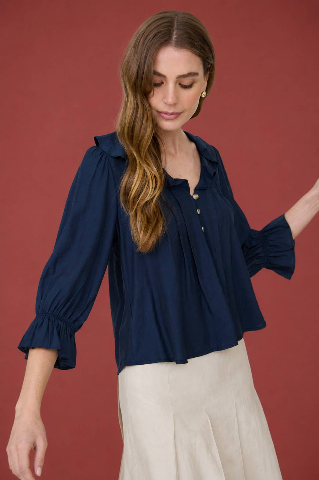 Navy Ruffled Button Down Blouse