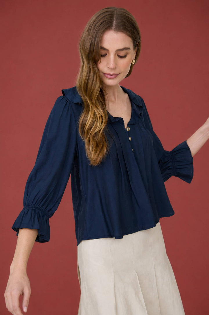 Navy Ruffled Button Down Blouse