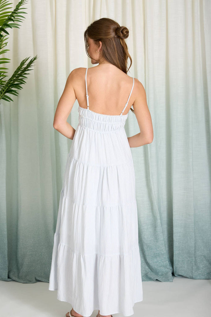 Denim Stripe Tiered Midi Dress