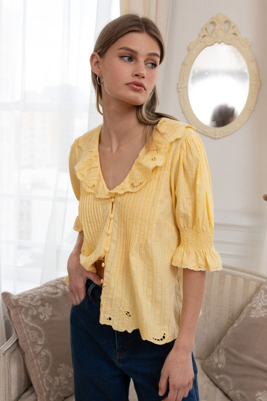 Butter Yellow Embroidered Collar Blouse