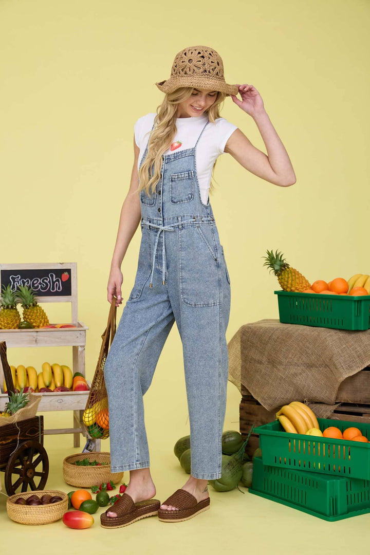 Washed Denim Spaghetti Strap Overalls