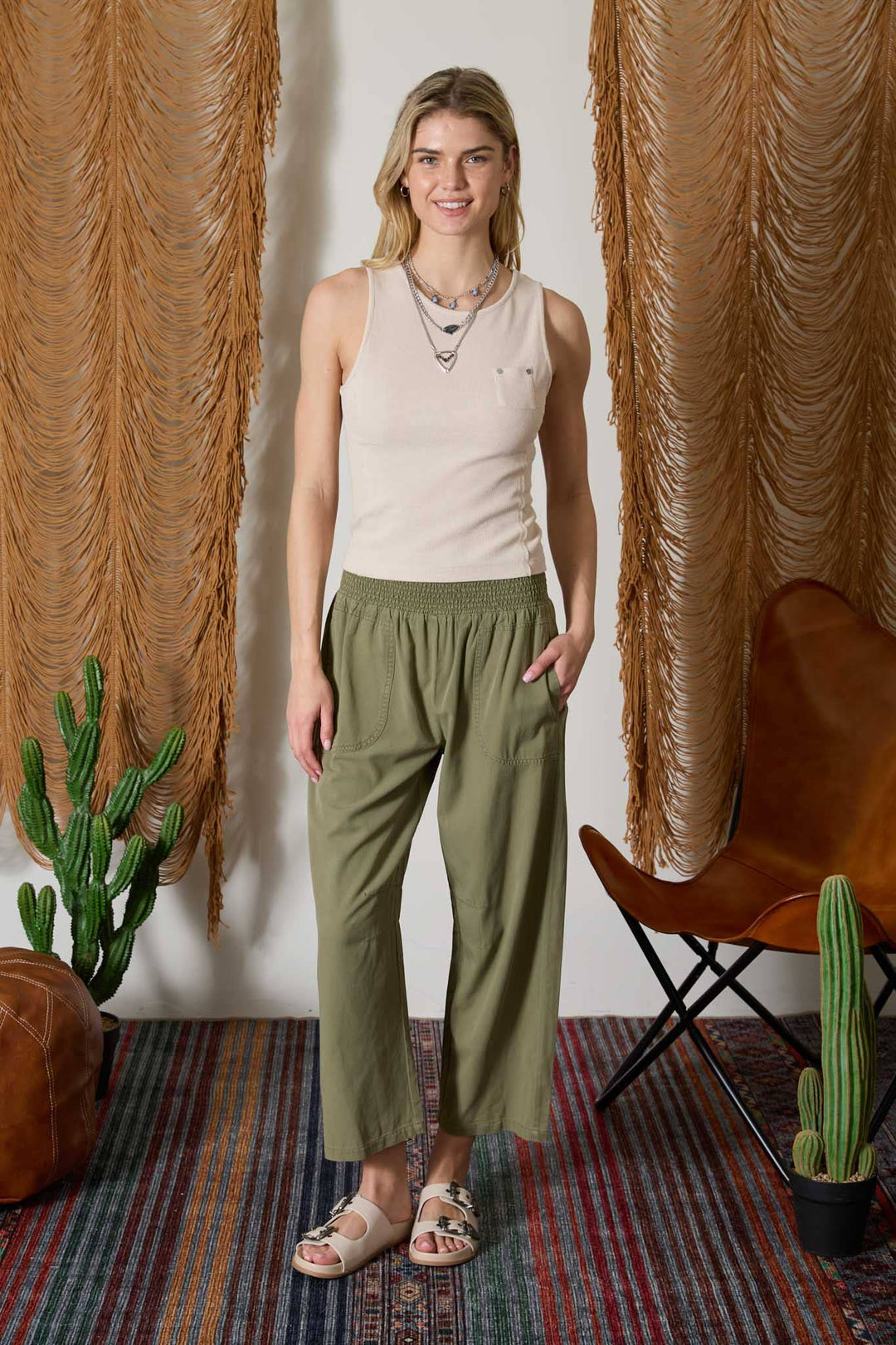 Olive Smocked Waist Wide Leg Pants