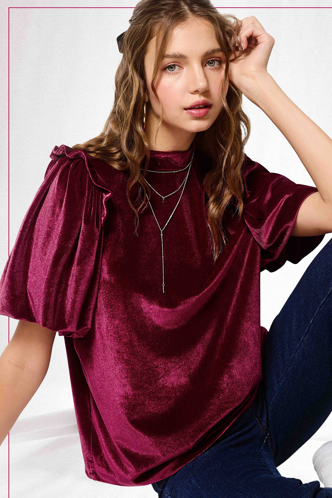 Garnet Velvety Puff Short Sleeve Top