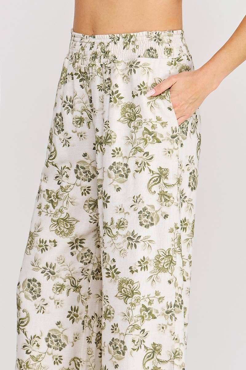 Olive Smocked Wide Leg Pant