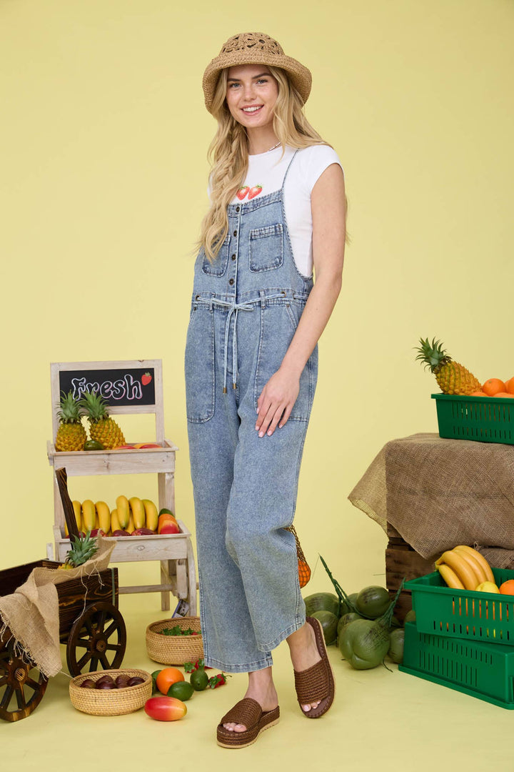 Washed Denim Spaghetti Strap Overalls