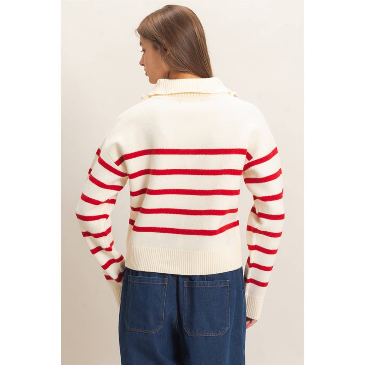 Red Stripe Half-Zip Collared Sweater