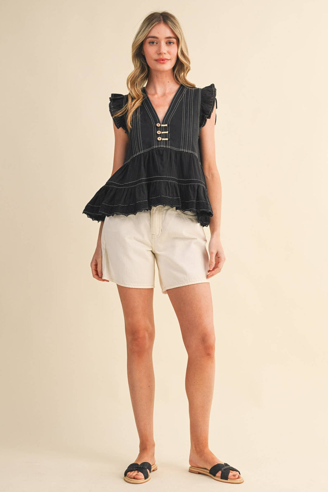 Black Stitch Lace Trim Top