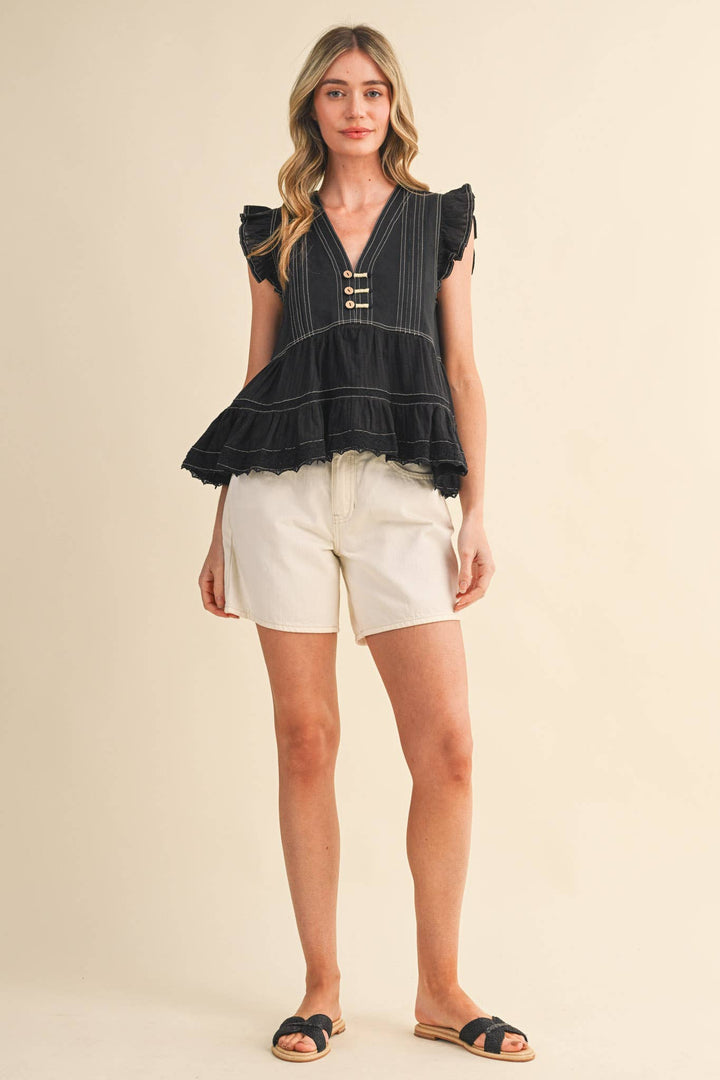 Black Stitch Lace Trim Top