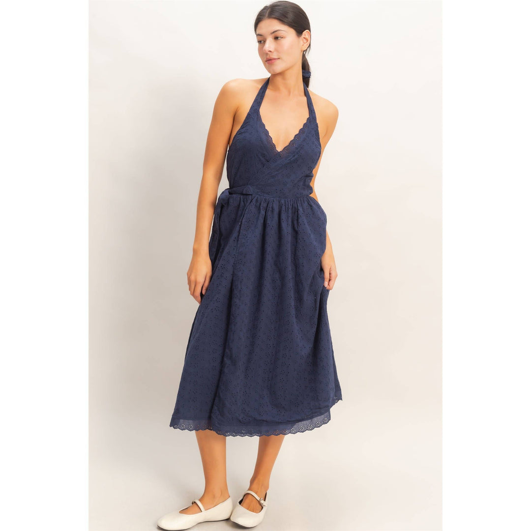 Navy Halter Neck Midi Dress