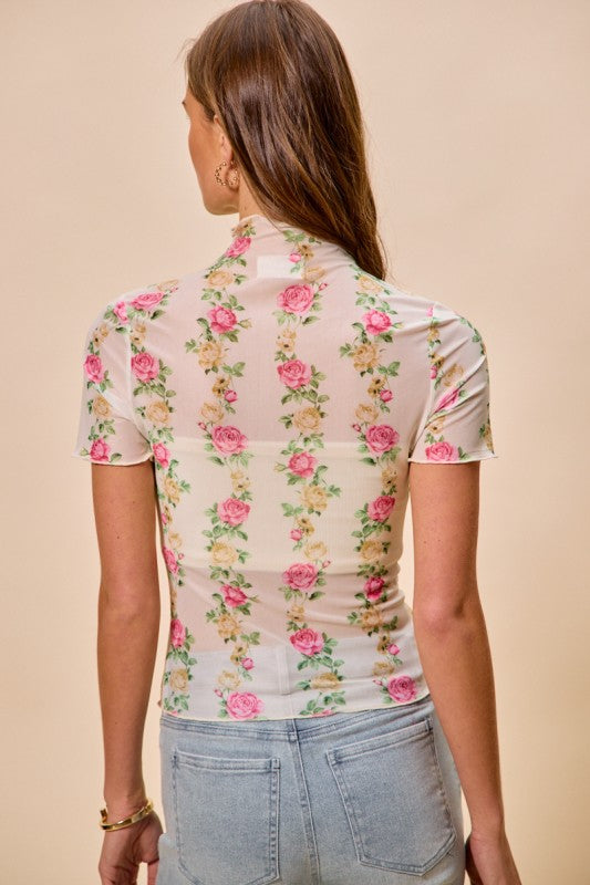 Pink Floral Rose Print Mesh Top