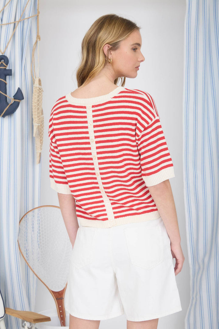 Red Stripe Short Sleeve Sweater