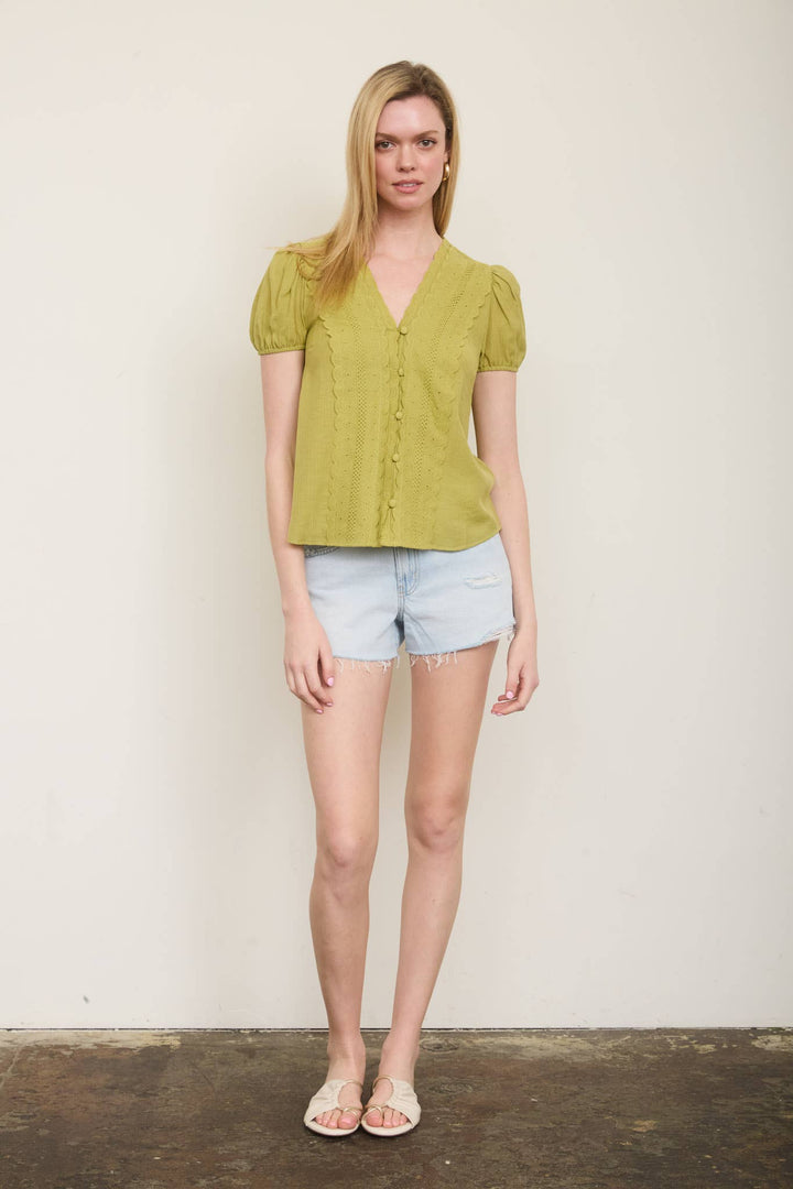 Kiwi Scallop Lace Button Down Top
