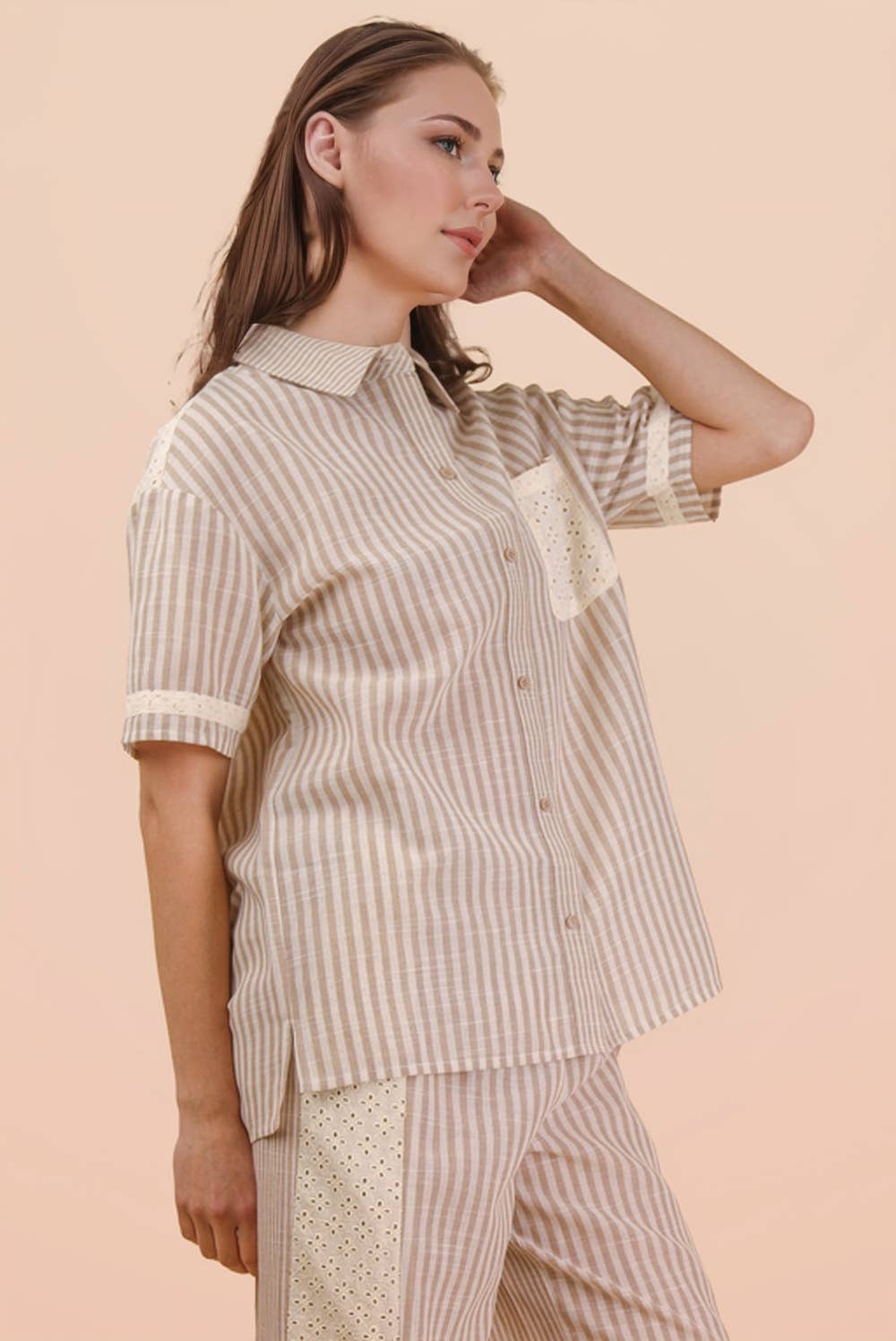 Taupe Lace Contrast Stripe Shirt