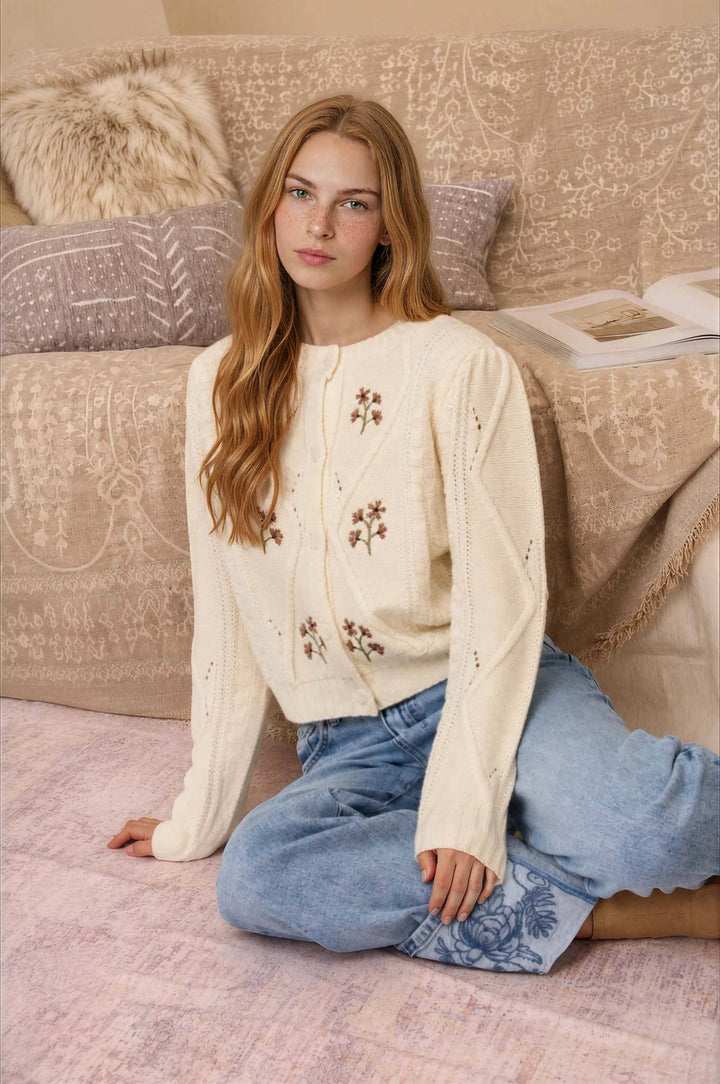Cream Floral Cable Knit Cardigan