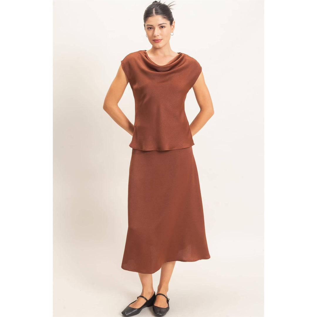 Brown Satin Top & Skirt Set